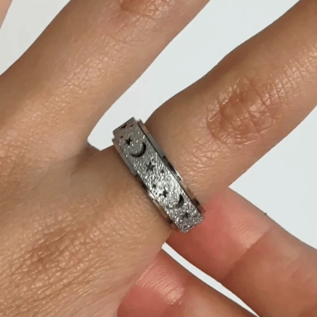 Anillo Deslizante Luna y Estrellas Aspero Plateado