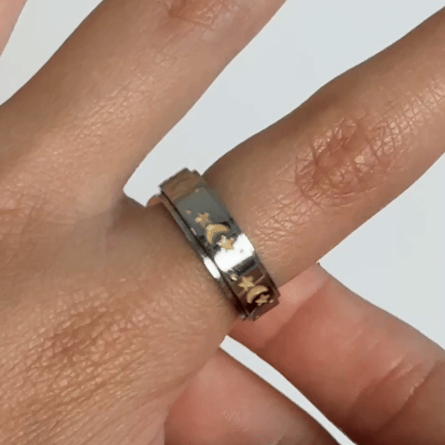 Anillo Deslizante Luna y Estrellas Amarillas Plateado