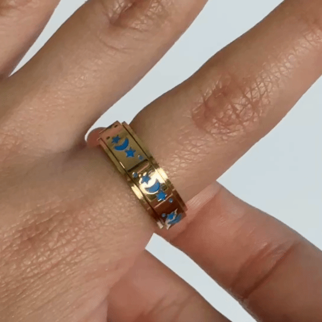 Anillo Deslizante Luna y Estrellas Azules Dorado