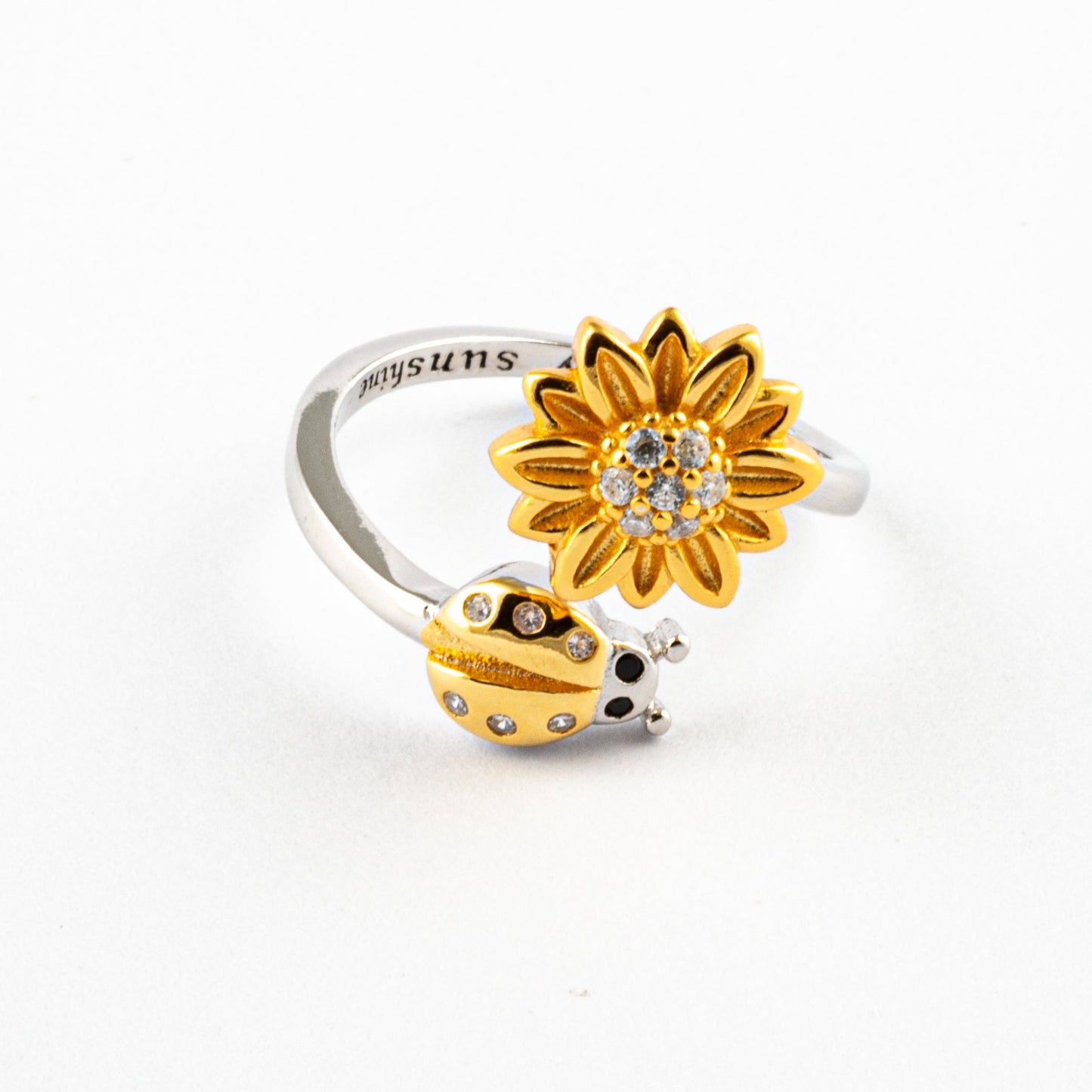 Anillo Anti-Estrés Plata S925 Mariquita y Flor Bicolor