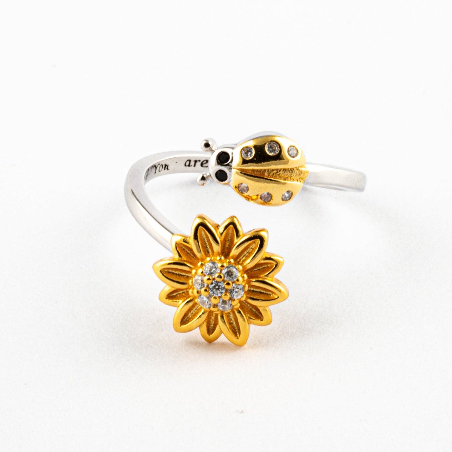 Anillo Anti-Estrés Plata S925 Mariquita y Flor Bicolor
