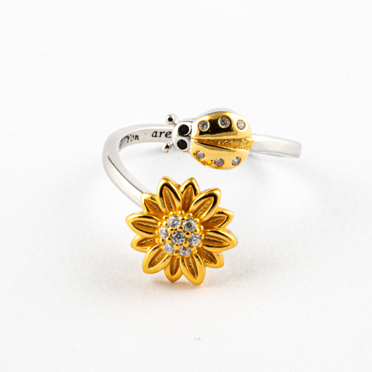 Anillo Anti-Estrés Plata S925 Mariquita y Flor Bicolor