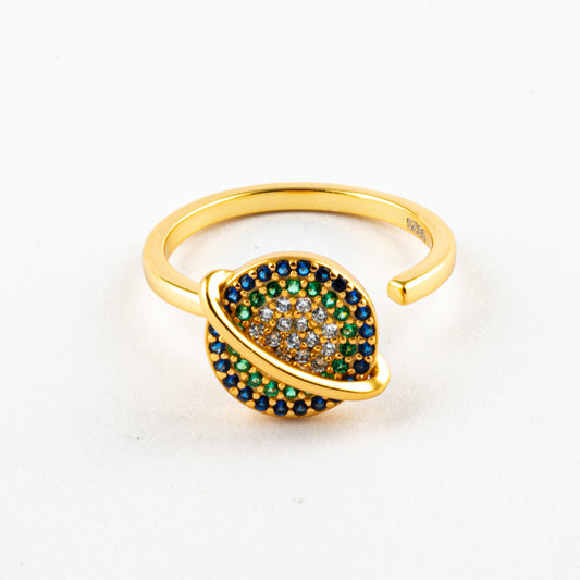 Anillo Anti-Estrés Plata S925 Saturno Dorado