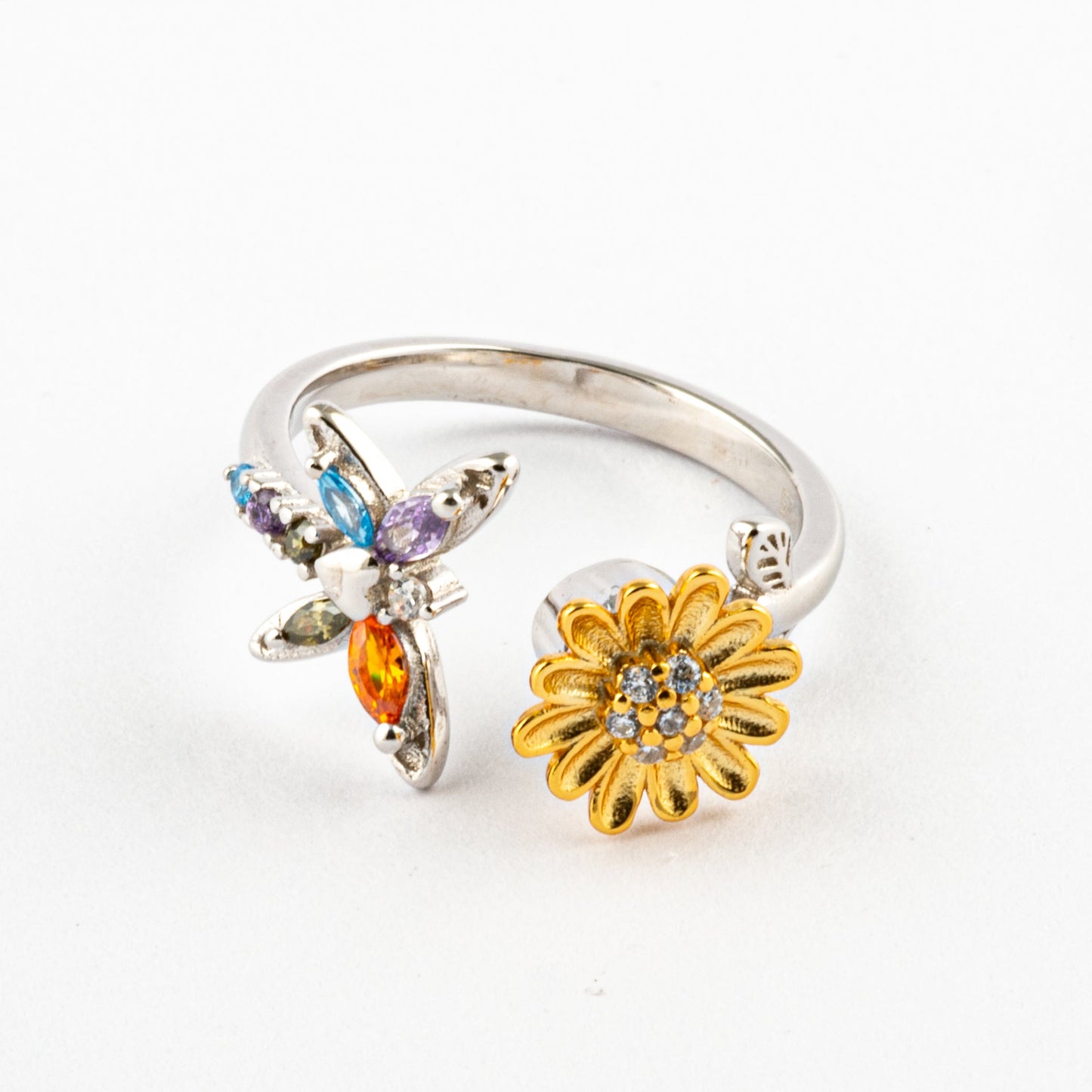 Anillo Anti-Estrés Plata S925 Mariposa y Flor Multicolor