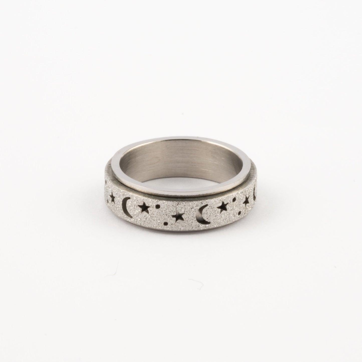 Anillo Deslizante Luna y Estrellas Aspero Plateado