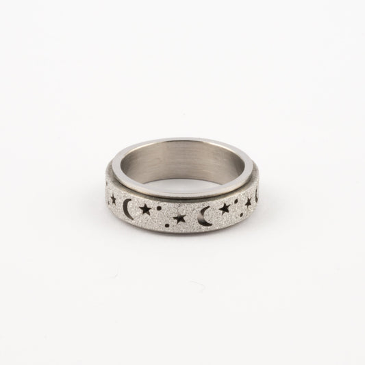 Anillo Deslizante Luna y Estrellas Aspero Plateado