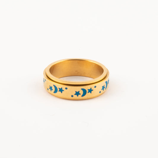 Anillo Deslizante Luna y Estrellas Azules Dorado