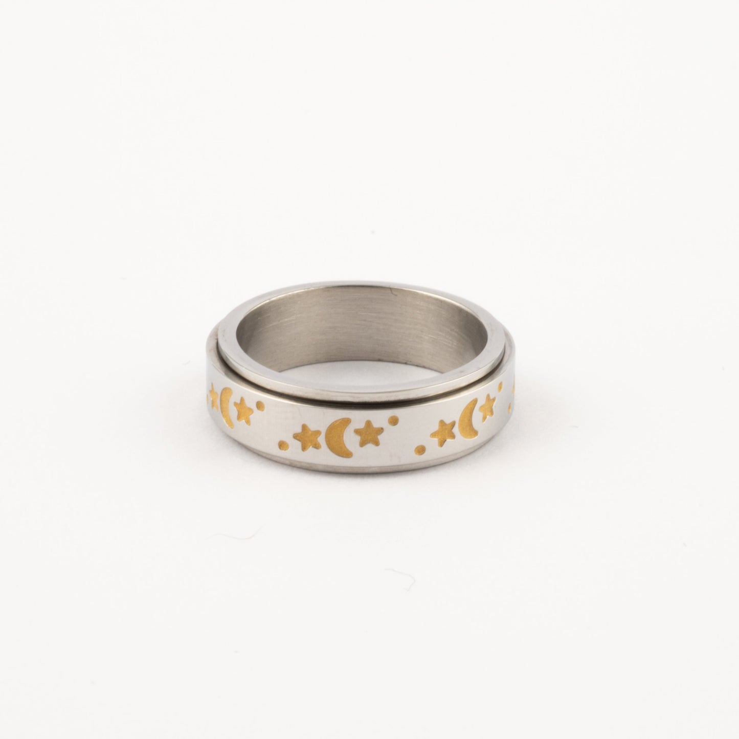Anillo Deslizante Luna y Estrellas Amarillas Plateado