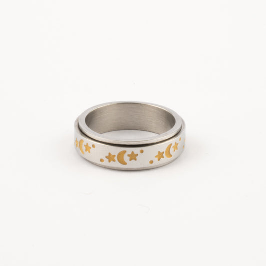 Anillo Deslizante Luna y Estrellas Amarillas Plateado
