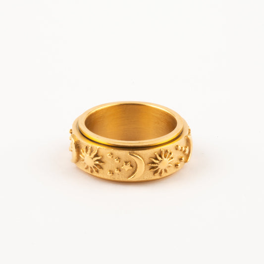 Anillo Deslizante Luna y Estrellas Relieve Dorado