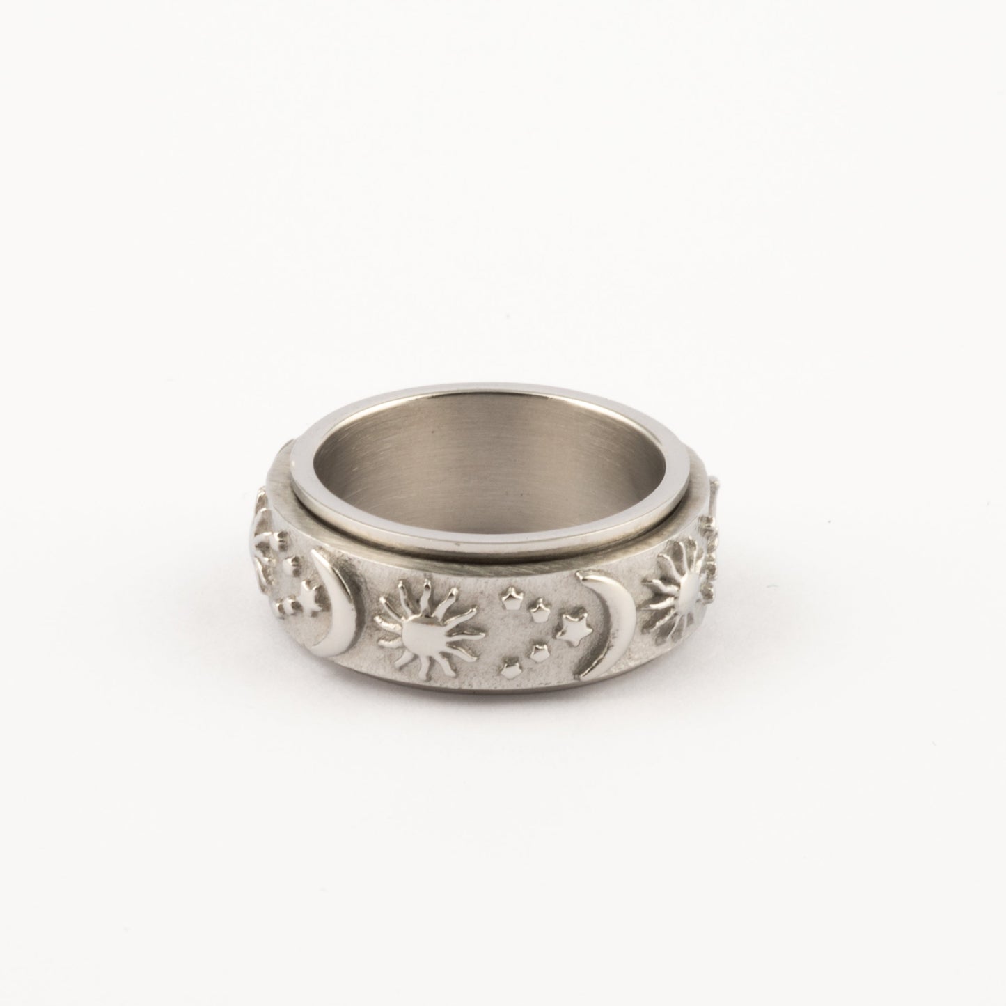 Anillo Deslizante Luna y Estrellas Relieve Plateado