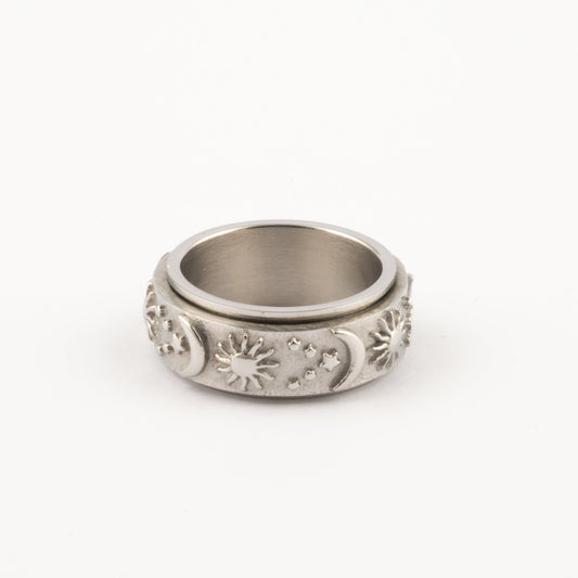 Anillo Deslizante Luna y Estrellas Relieve Plateado